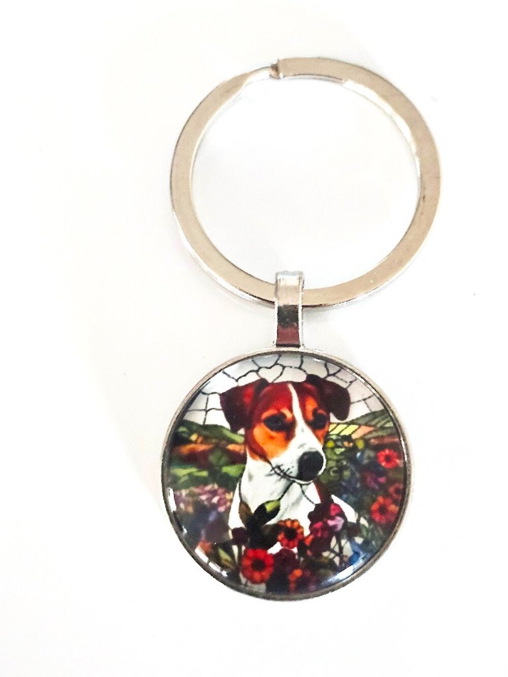 Jack Russell Terrier Keychain Glass Cabochon Floral Dog Lover Silver Tone Gift